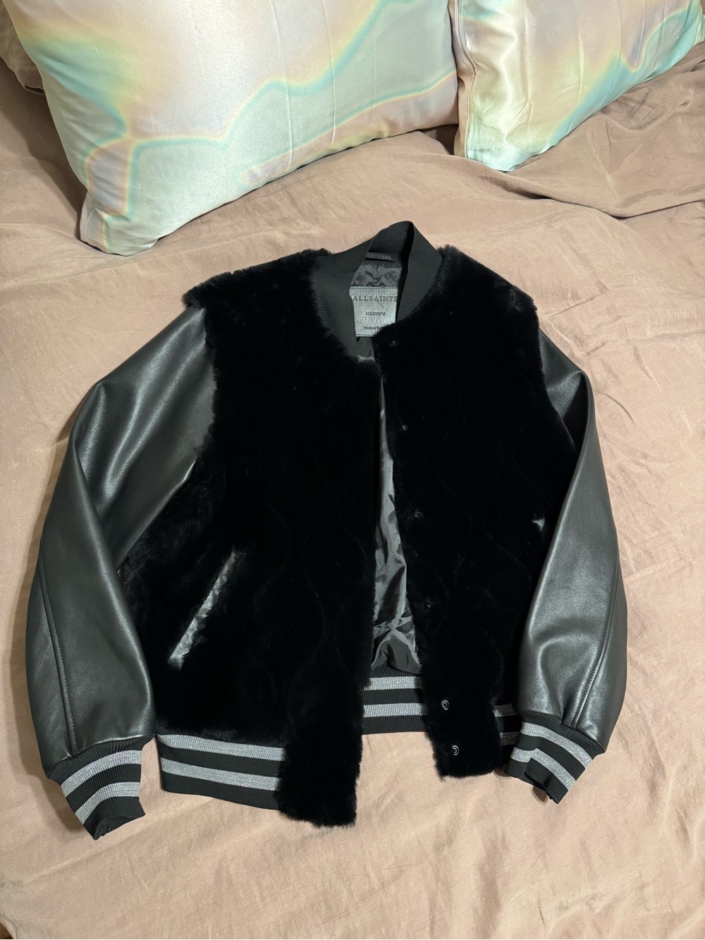 AllSaints Margo shearling varsity Jacket with Ribbed Collar
